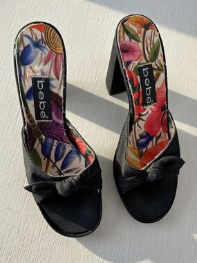 Vintage Y2K bebe Black Satin Mule Block Heels Made in Spain Size 37